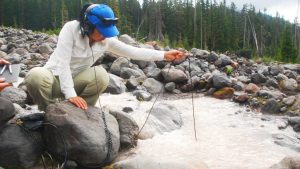 A landscape of lose rocks, through which a small stream flows. Pine trees are visible in the background. A person is crouched on a rock, wearing headphones and lowering a hydrophone on a cable into the running stream. They are wearing green trousers, a white shirt and a blue baseball cap.