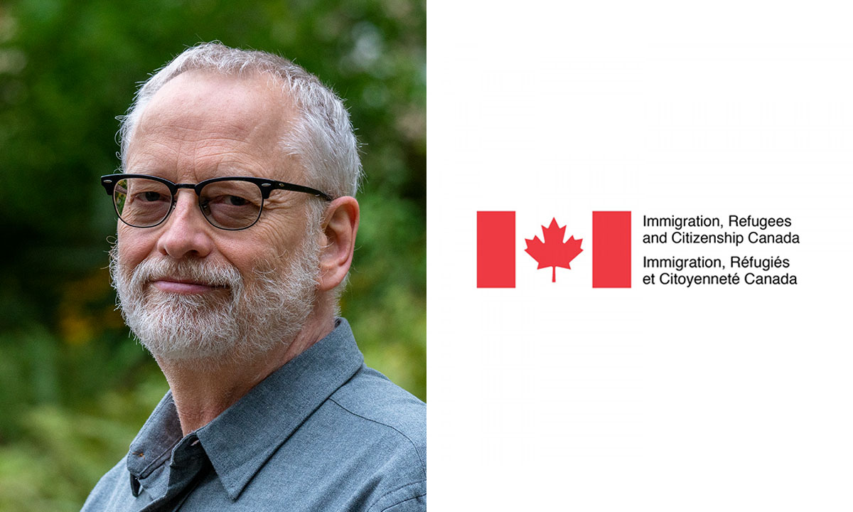 Dr. Hiebert looks at the camera, wearing a blue shirt and black framed glasses. He has a white beard. The other half of the image is the logo for Immigration, Refugees and Citizenship Canada.