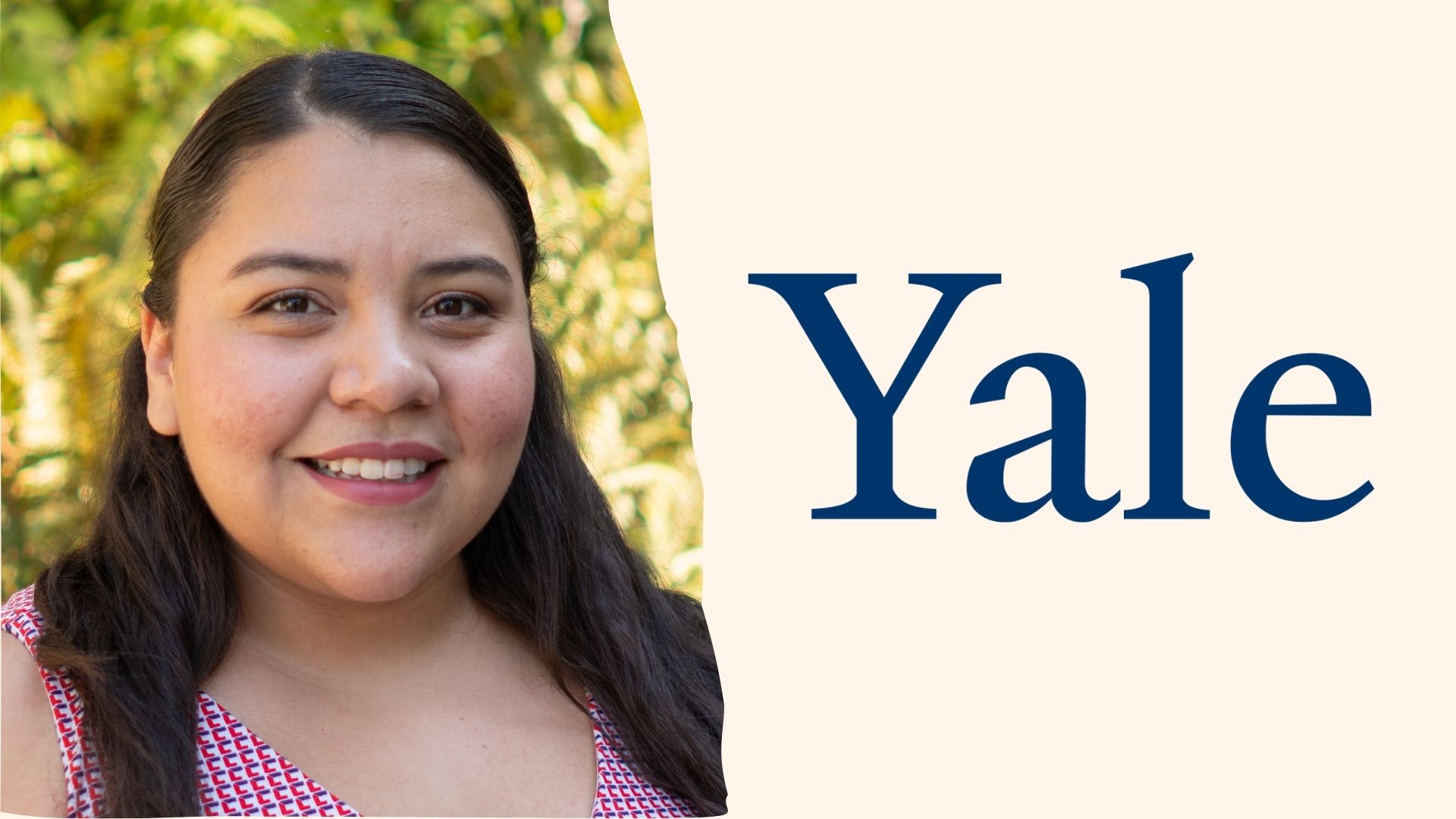 Maria is a young Mexican woman, smiling at the camera with long brown hair. The Yale logo is opposite