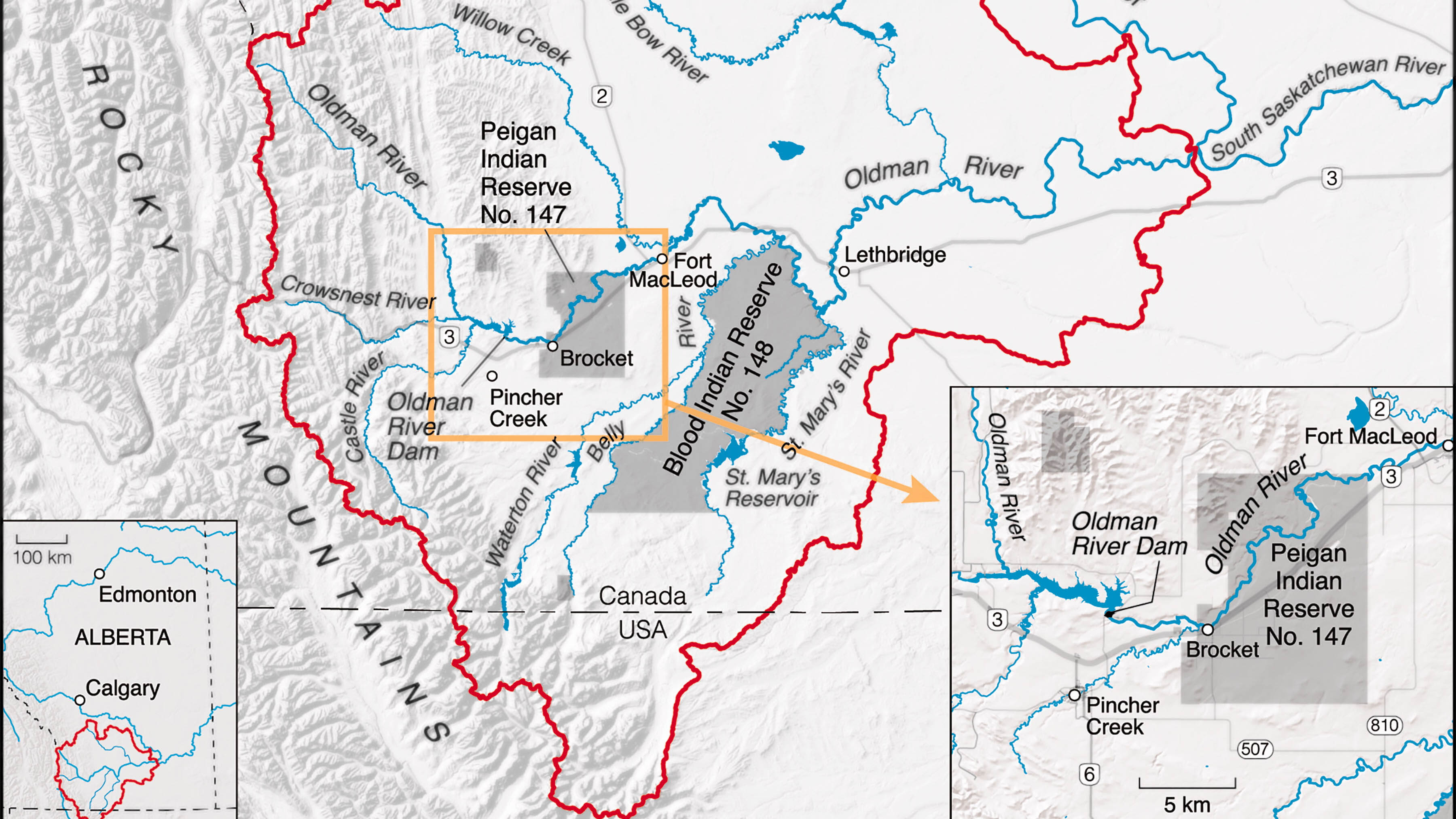 A map showing the location of the Oldman River Dam upstream of the federal government's designation of the boundaries of 'Peigan Indian Reserve No. 147' in what is federally known as southern Alberta